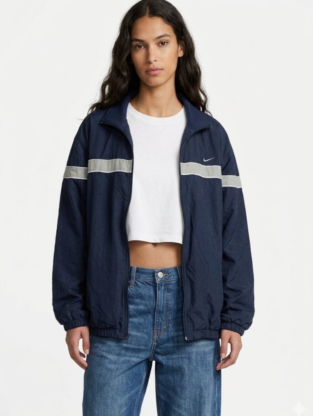 Vintage 90's Nike Reflective Varsity Striped Track Jacket In Navy/Gray - XL